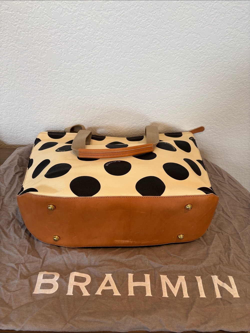 Brahmin Cream and Black Polka Dot Large Tote with Tan Straps - Picture 5 of 10
